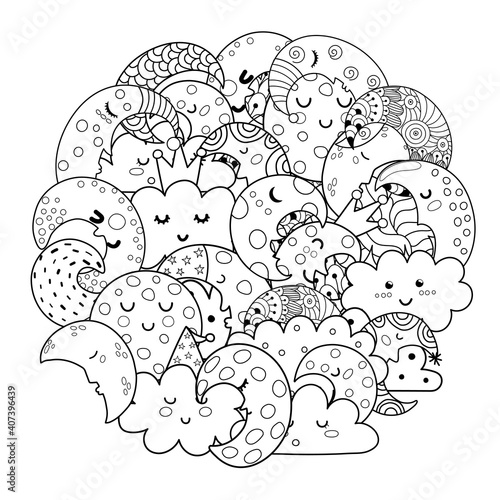 Circle shape coloring page with cute moon and clouds. Black and white print with cosmic characters for coloring book. Outline background. Vector illustration
