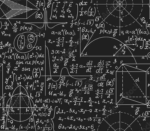 Mathematical vector seamless background with handwritten scientific formulas, figures and calculations