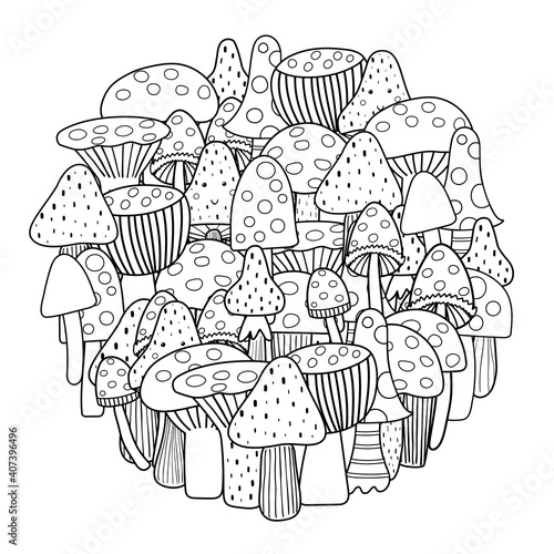 Circle shape coloring page with mushrooms. Black and white cute print for coloring book. Outline background. Vector illustration