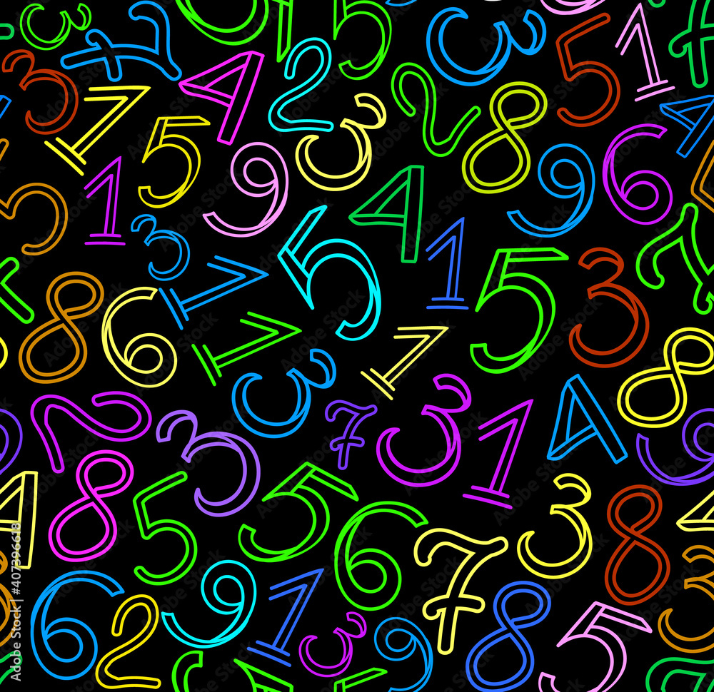 Math vector seamless pattern with handwritten multicolored numerals