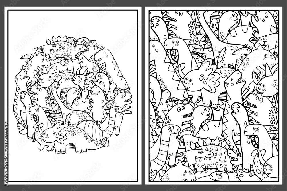 Obraz premium Coloring pages set with cute dinosaurs. Doodle dino animals templates for coloring book. Collection with black and white colouring pages for adults and kids. Vector illustration