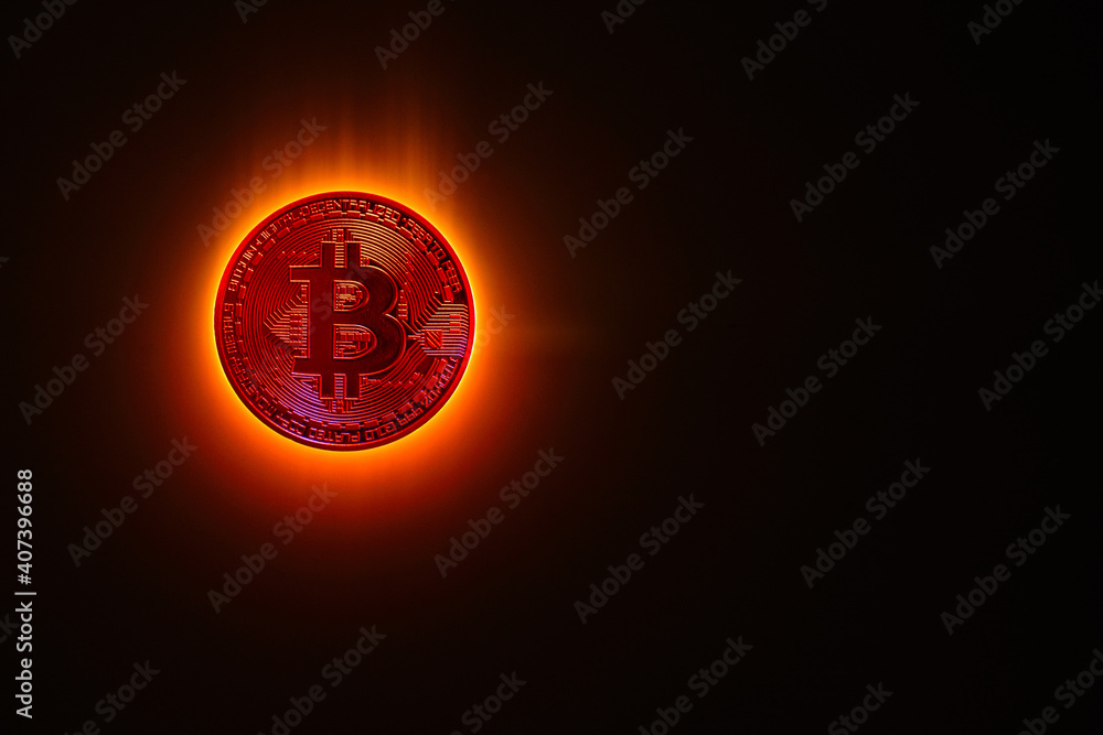 red glowing bitcoin instead a burning sun with black red glowing bitcoin instead a burning sun with black