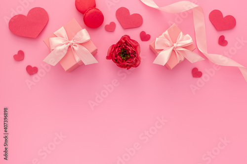 Valentine s day  birthday and holiday concept. Gift pink box with ribbon and rose  valentine s day  mother s day and birthday concept