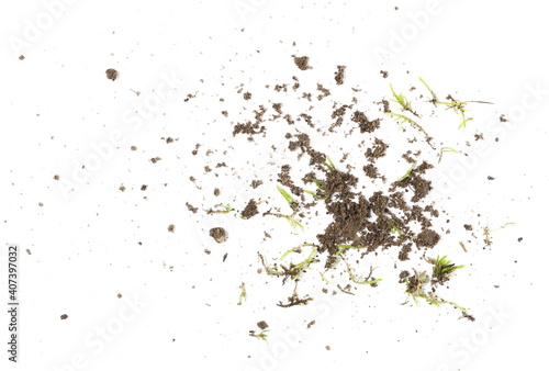 Dirt and moss bits isolated on white background and texture, with clipping path, organic plant and soil texture