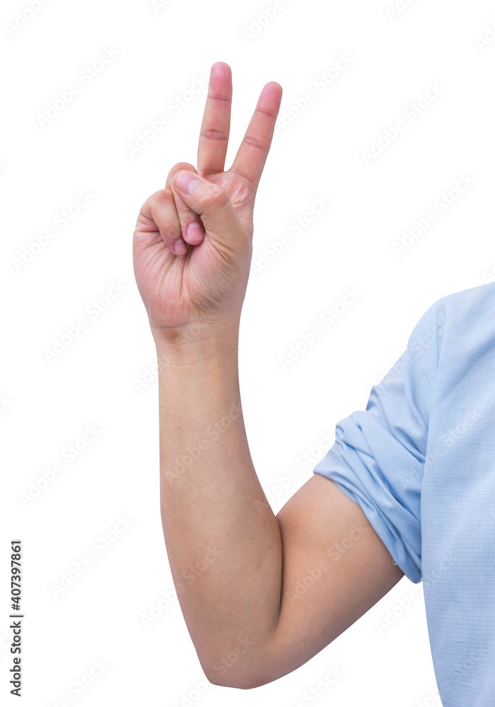 Asian hand shows and counts two fingers on isolated white background. Asian hand shows and counts two fingers on isolated white background.