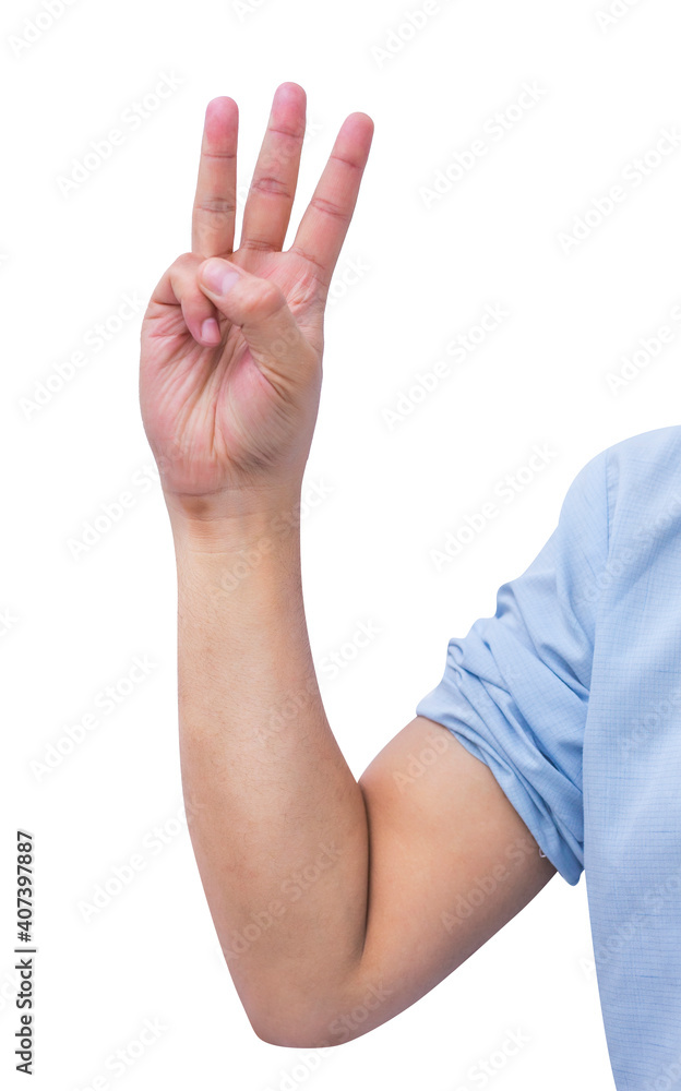 Asian hand shows and counts three fingers on isolated white background. Asian hand shows and counts three fingers on isolated white background.