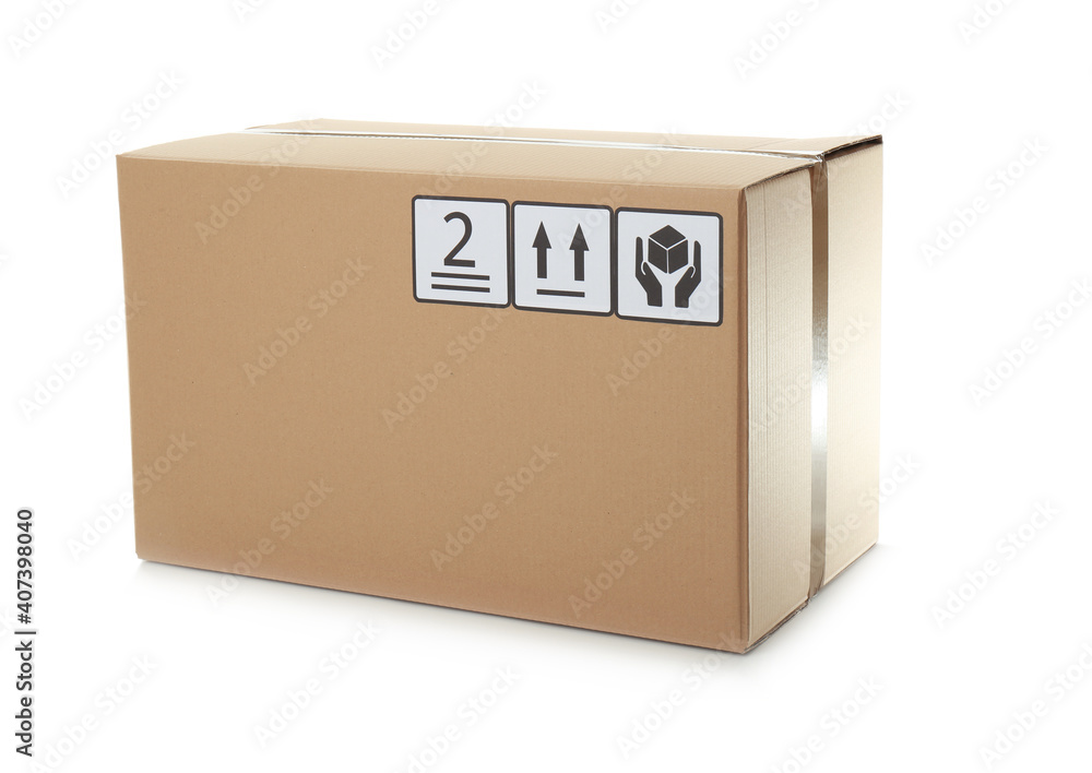 Cardboard box with shipping label isolated on white Cardboard box with shipping label isolated on white