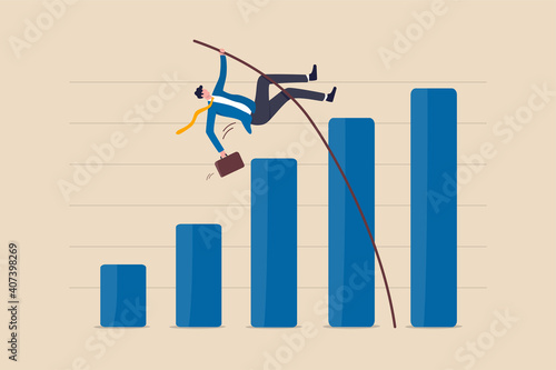Business growth, improvement or high percentage increase of earning and profit, financial achievement after economic recovery concept, businessman jumping pole vault over growth bar graph.