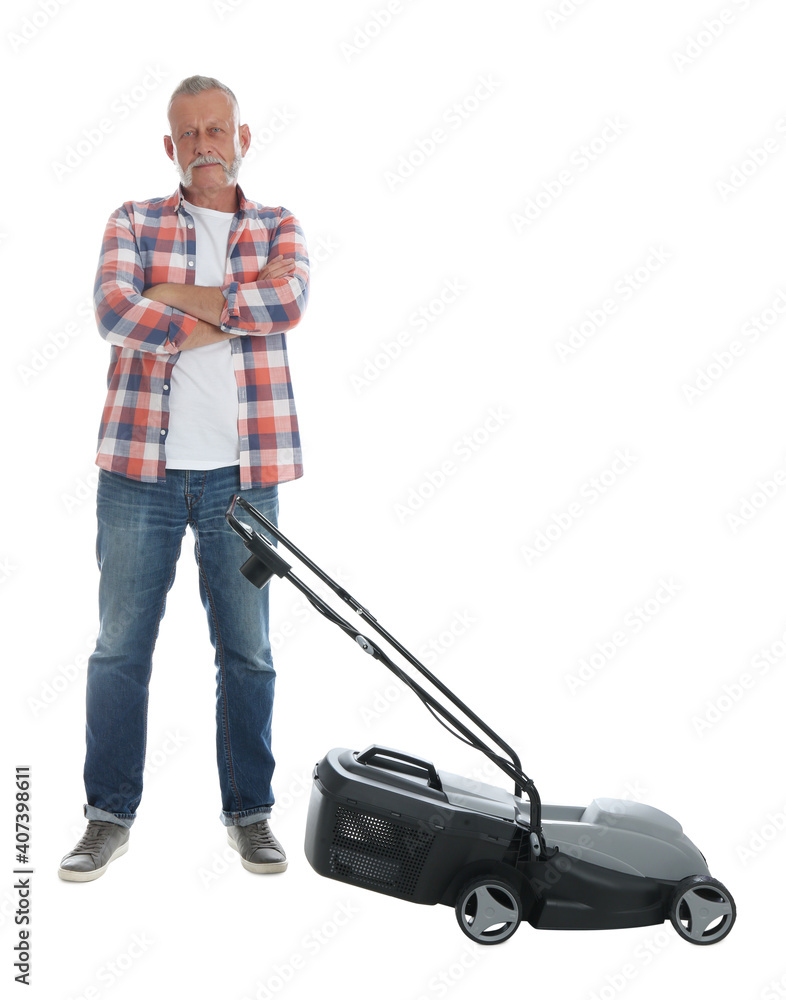 Senior man with modern lawn mower on white background Senior man with modern lawn mower on white background