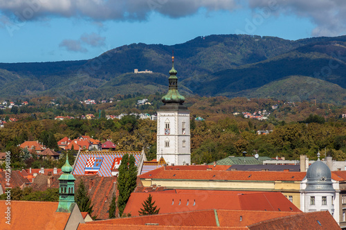 Aerial view of the old city center of Zagreb with Medvednica in the background. photo