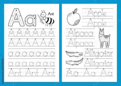 Letter A educational worksheets set. Trace the alphabet activity page. Printable black and white template in A4 format for children’s workbook. Vector illustration 