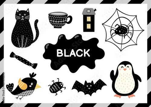 Black. Educational worksheet for kids. Learning the color black set. Activity page with main color for toddlers. Vector illustration