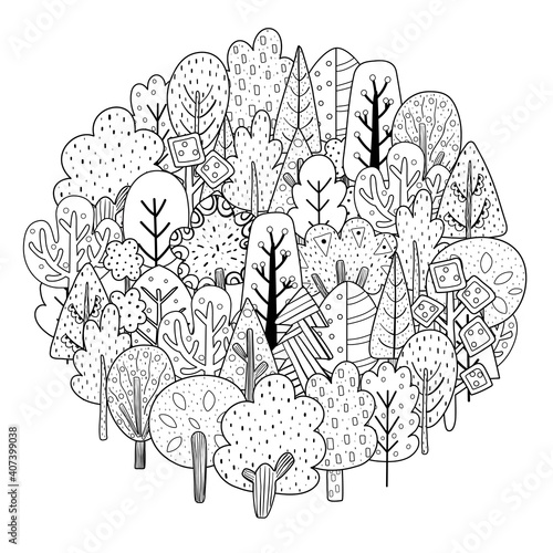 Circle shape coloring page with sea animals. Black and white print for coloring book with cute underwater characters. Outline background. Vector illustration