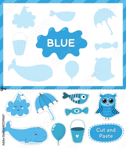 Blue color. Cut the elements and match them with the right shadows. Learning color blue educational game for kids. Cut and paste activity for toddlers. Vector illustration