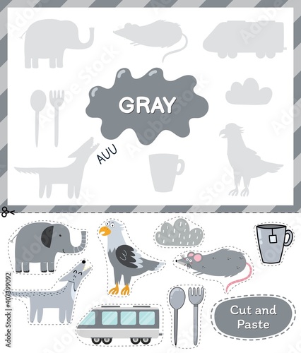 Gray color. Cut the elements and match them with the right shadows. Learning color gray educational game for kids. Cut and paste activity for toddlers. Vector illustration