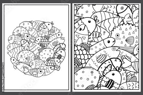 Coloring pages set with cute fish. Doodle sea animals templates for coloring book. Collection with black and white colouring pages for adults and kids. Vector illustration