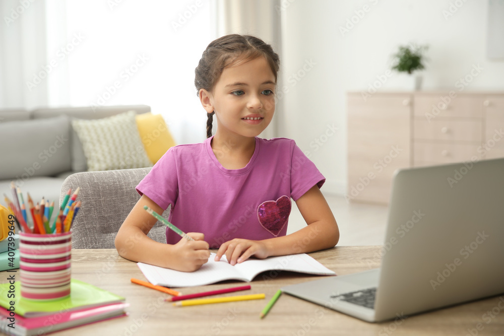 Distance learning, studying at home. Girl having online school lesson during quarantine and lockdown due to Covid-19 pandemic Distance learning, studying at home. Girl having online school lesson during quarantine and lockdown due to Covid-19 pandemic