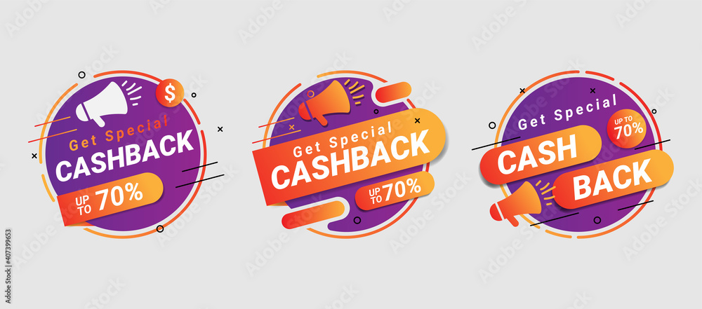Colorful cashback banner collection. Money refund signs. Return of money from purchases. Promotion badges for your business.