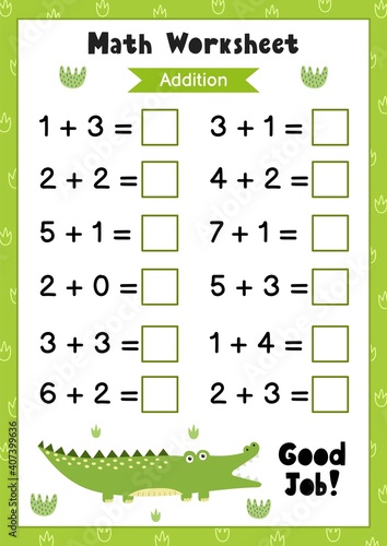 Math worksheet for kids. Addition. Matematic activity page with a cute alligator. A4 writing numbers template. Vector illustration