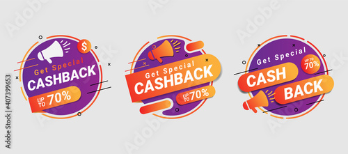 Colorful cashback banner collection. Money refund signs. Return of money from purchases. Promotion badges for your business.