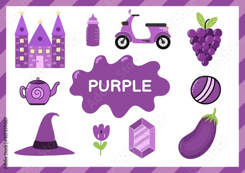Purple. Educational worksheet for kids. Learning the color purple set. Activity page with main color for toddlers. Vector illustration