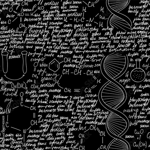 Educational chemistry vector seamless pattern with handwritten chemistry formulas and text descriptions