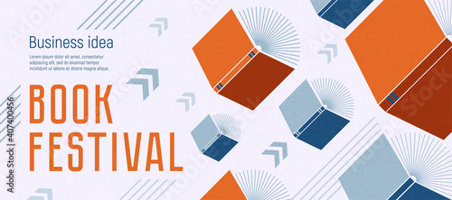 Banner for book festival. Open books flying with arrows. Vector minimalist background with textures. Design template for a library, education theme. Concept of striving for success. Blue and red color photo