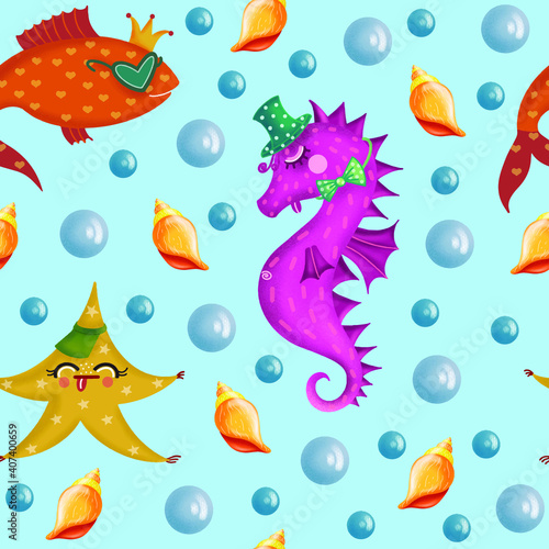 Vector seamless pattern with sea animals. Bright baby background in marine style