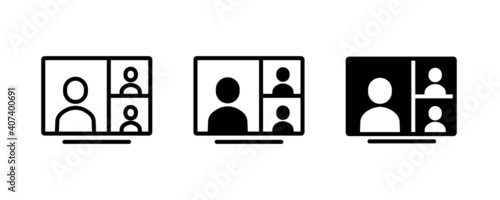 Video conference icon. Meeting  People on computer screen. Home office in quarantine times. Digital communication. Internet teaching media Business Presentation. live broadcast line icons vector, sign