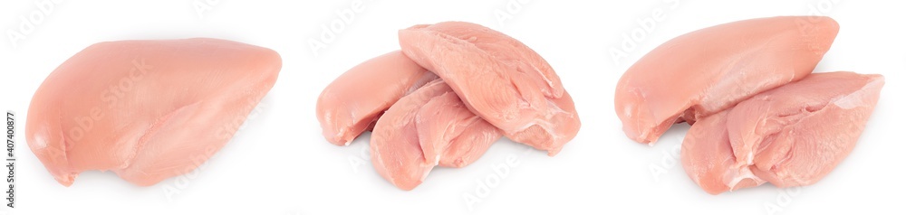 Fresh chicken fillet isolated on white background with full depth of field. Set or collection Fresh chicken fillet isolated on white background with full depth of field. Set or collection
