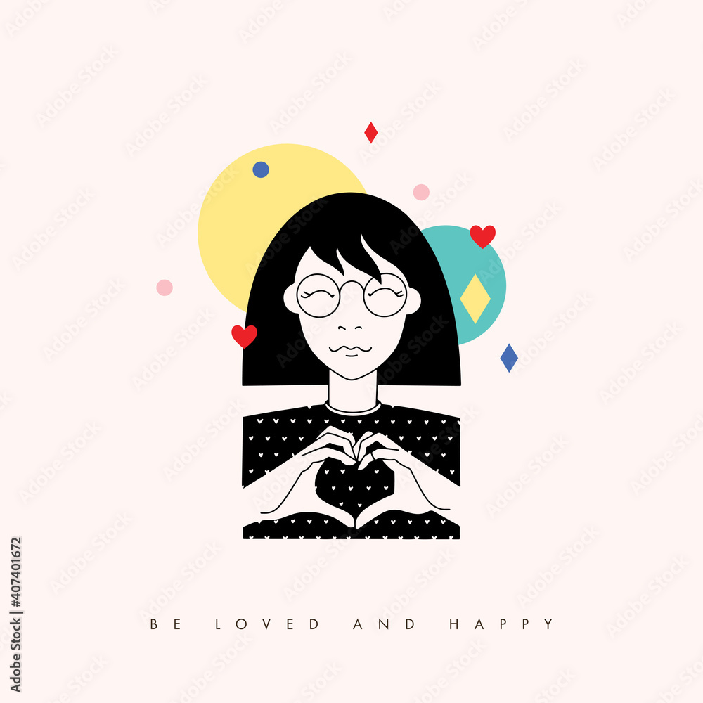 Love card print with girl and hand heart shape Love card print with girl and hand heart shape