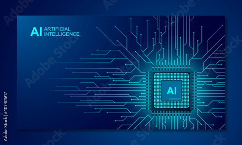 Artificial intelligence web banner. 3D isometric illustration of a processor chip. The process of data processing. Developments in modern technologies. Microcircuits on neon glowing background