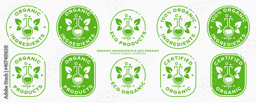 Conceptual marks for product packaging. Labeling - organic ingredients. The brand with the flask  with the winged leaves and the line of the ingredient is the natural flight of the ingredient. Vector
