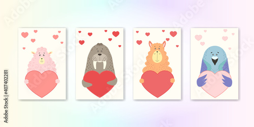 Cute cartoon animal holds a heart sign with copy space. set valentine's day greeting card banner invitation flyer brochure. cartoon hand drawn style. Little animals pets in love, declaration of love