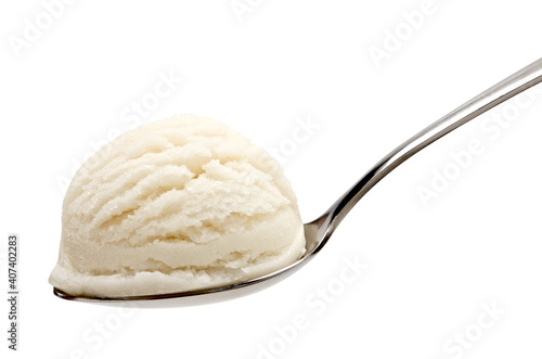 Vanilla ice cream scoop in spoon isolated on white background including clipping path. photo