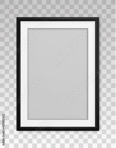 Mockup black frame photo. Shadow on wall. Mock up artwork picture framed. Vertical boarder. Empty board a4 photoframe. Modern stylish 3d border. Design prints poster, blank, painting image. Vector