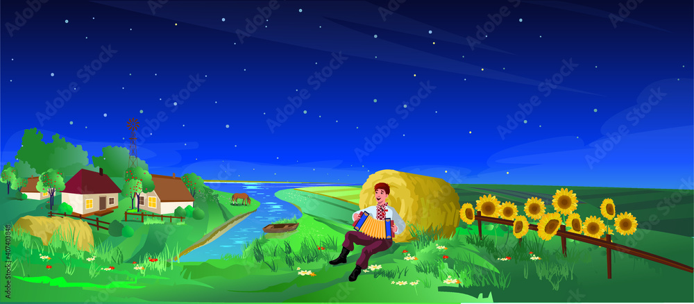 Rural landscape - a guy with an accordion in a meadow. Sunflowers, dachas by the river with a boat on the bank. Vector illustration