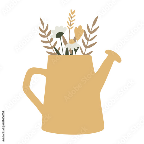 Watering can with wildflowers. Spring flower bouquet in the watering can. Gardening, springtime, summertime concepts. Vector hand drawn illustration.