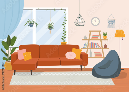 Living room interior. Comfortable sofa,  window, chair and house plants. Vector flat illustration