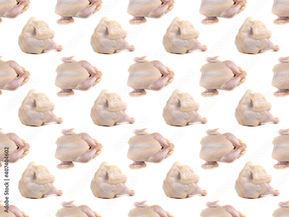 Seamless pattern of raw chicken on a white background. The view from the top. Creative packaging design.