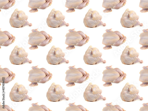 Seamless pattern of raw chicken on a white background. The view from the top. Creative packaging design.