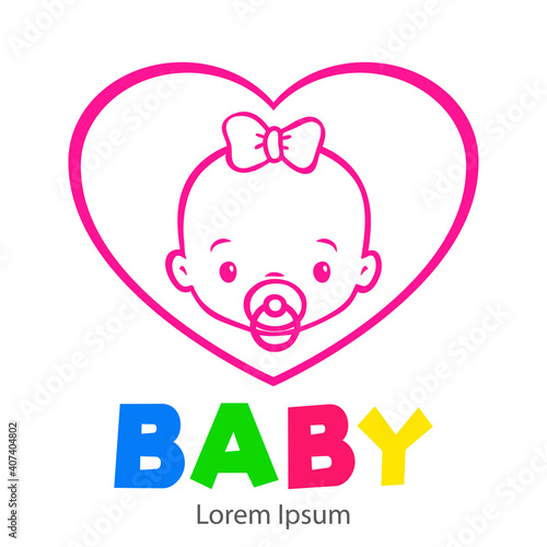 Baby Shower. It s a Girl. Logotipo con texto BABY con caricatura de cara de beb   con chupete  nudo de lazo y coraz  n en color rosa