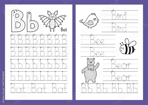 Letter B. Tracing practice worksheet set. Learning alphabet activity page. Printable black and white template in A4 format for children’s workbook. Vector illustration 