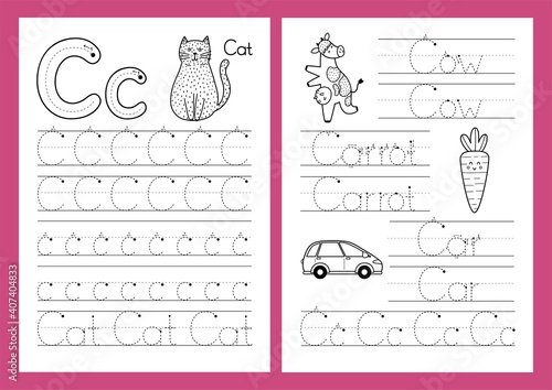 Letter C. Tracing practice worksheet set. Learning alphabet activity page. Printable black and white template in A4 format for children’s workbook. Vector illustration 