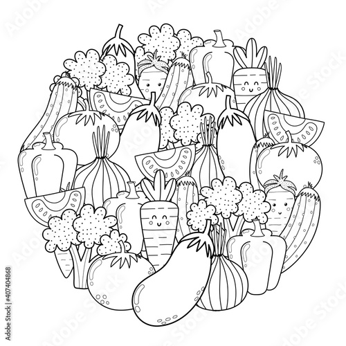 Circle shape coloring page with doodle vegetables. Eco food black and white print for coloring book. Outline background. Vector illustration