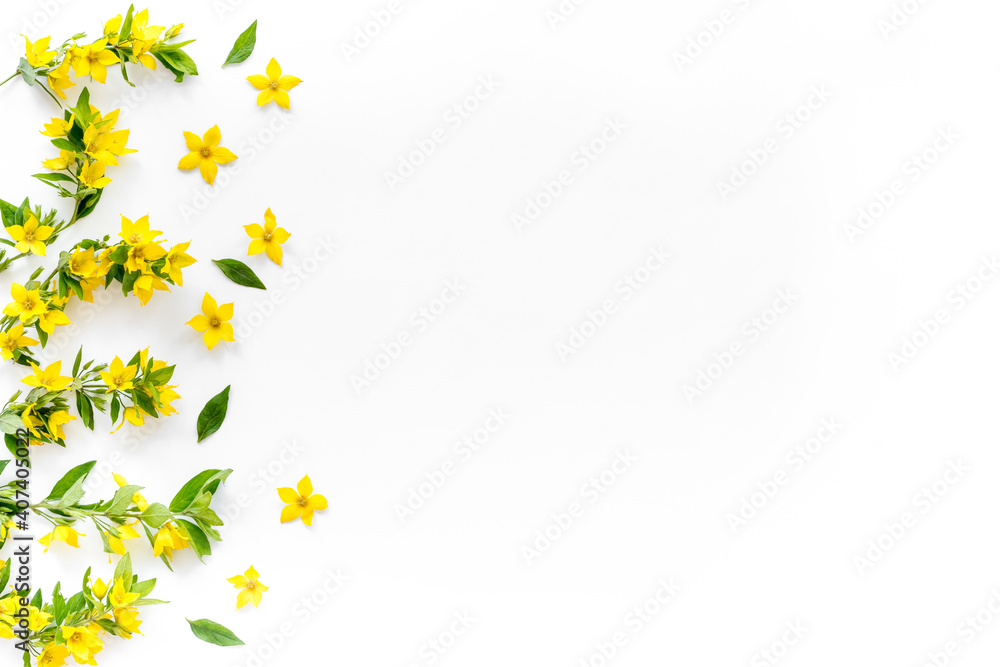 Flowers pattern. Flat lay of yellow flowers with leaves, top view
