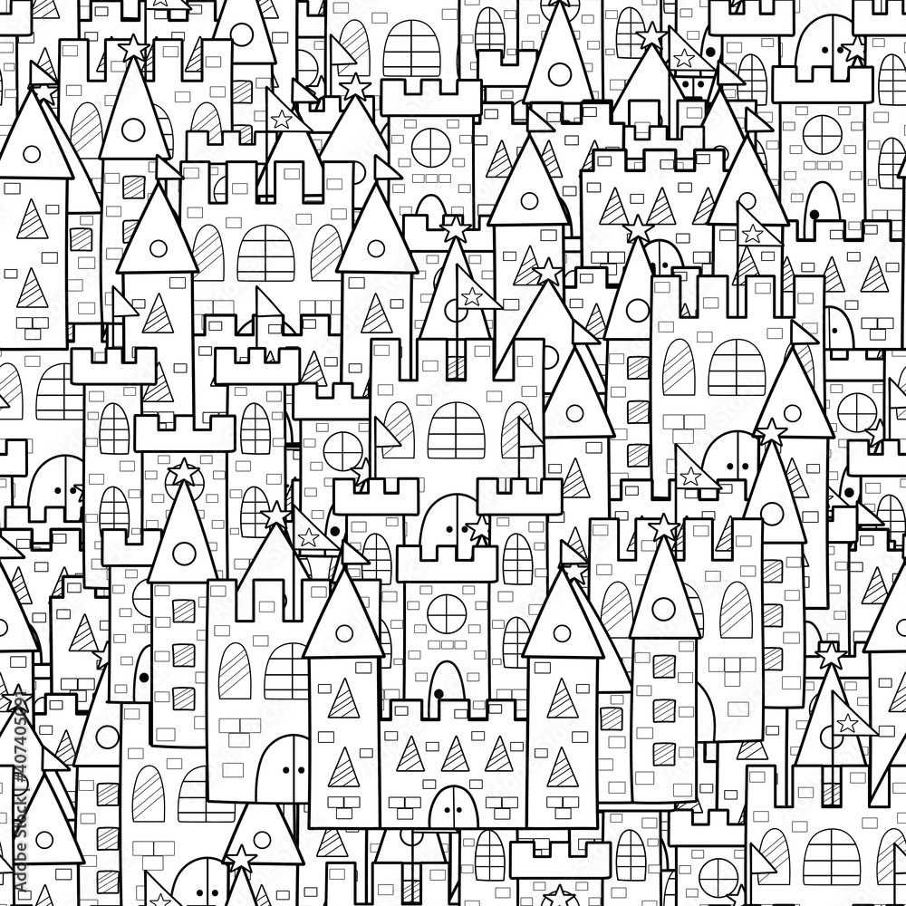 Magic kingdom black and white seamless pattern. Fantasy coloring page for adults and kids with doodle castles. Outline background. Vector illustration