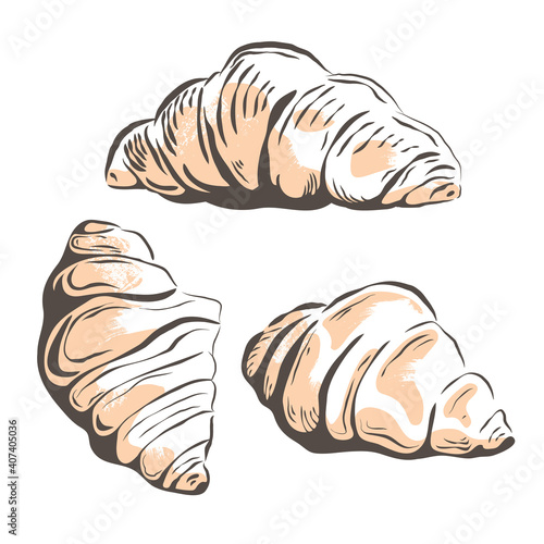 Vector Illustration of Hand Drawn sketch of Croissants on white background. Scratch board style imitation. Brown and white ink image