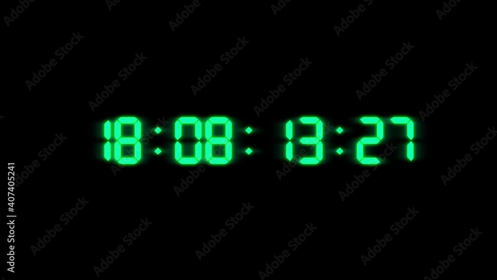 Digital clock random time count. Hours, minutes, seconds. Neon glow on black background. Digital clock random time count. Hours, minutes, seconds. Neon glow on black background.