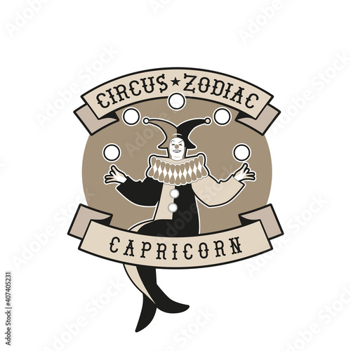 Zodiac Circus Emblem. Capricorn sign. Clown dressed as a horned mermaid, juggling balls